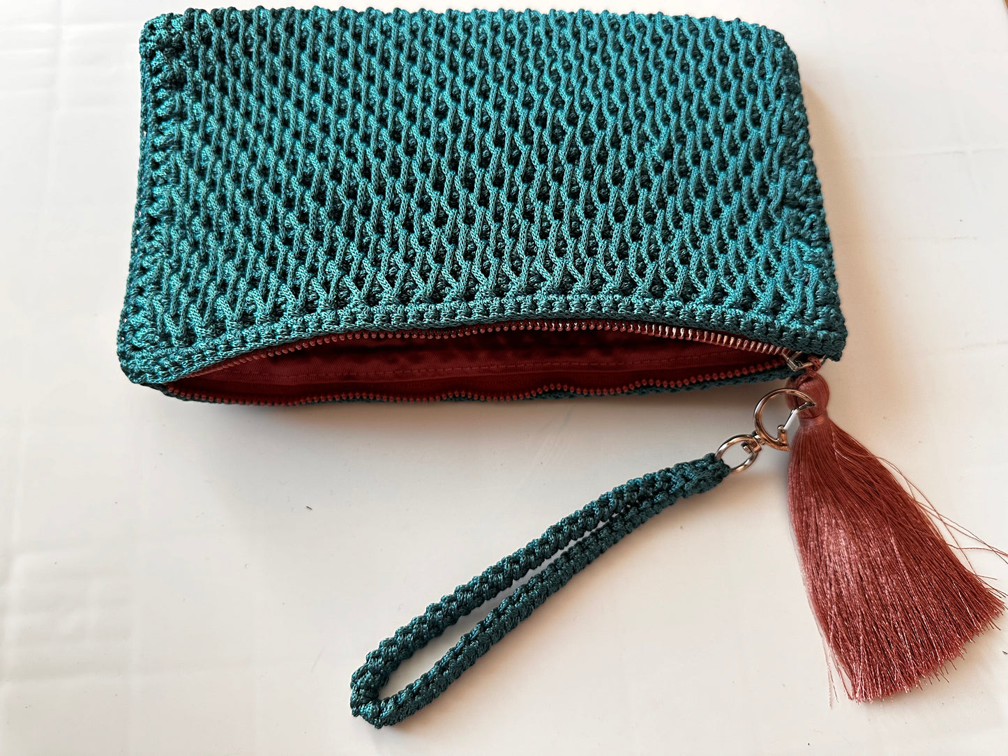 Turkuvaz Renkli El Örgüsü Clutch Çanta