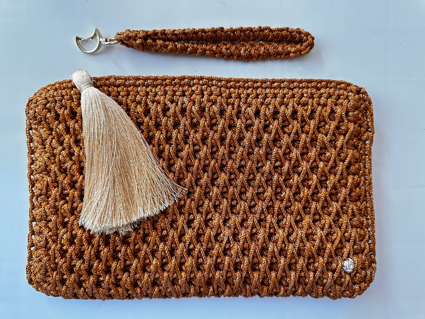 Hardal Rengi Simli İpli Örgü Clutch Çanta