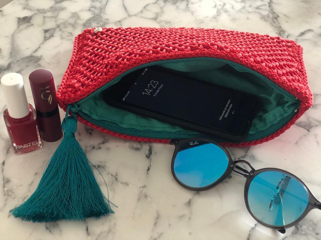 Kırmızı El Örgüsü clutch Çanta