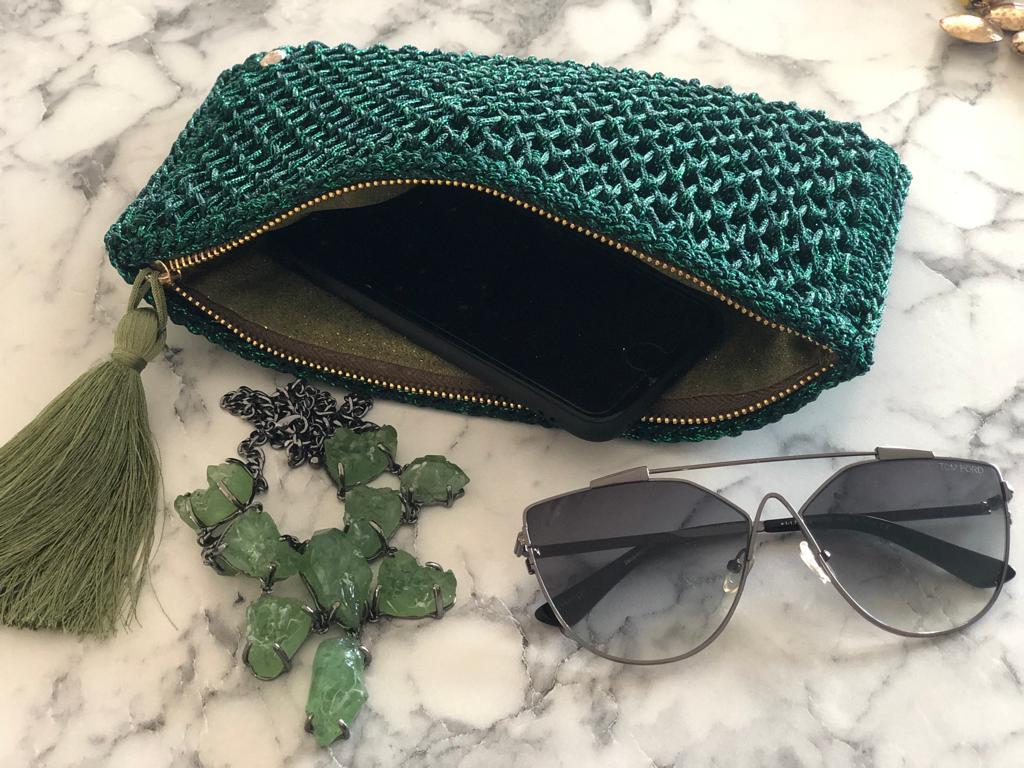 Yeşil Renkli Sim Detaylı Clutch Çanta